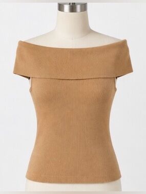 [Arden B.] Camel Ribbed Off Shoulder Knit Top Size L